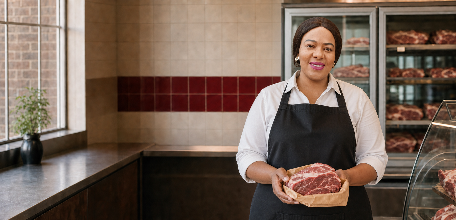 Lefoko Larona director presenting a fresh quality cut at the butchery counter