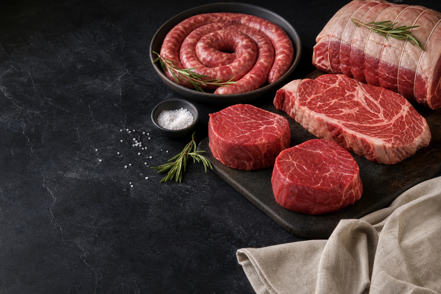 Fresh beef cuts and boerewors prepared on a clean butcher counter