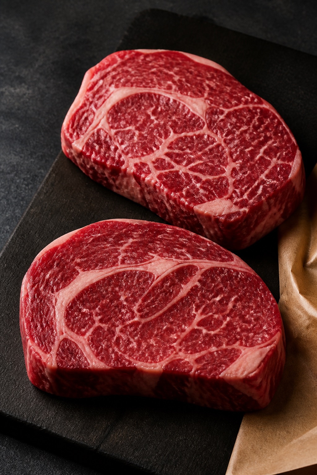 Two fresh marbled beef steaks